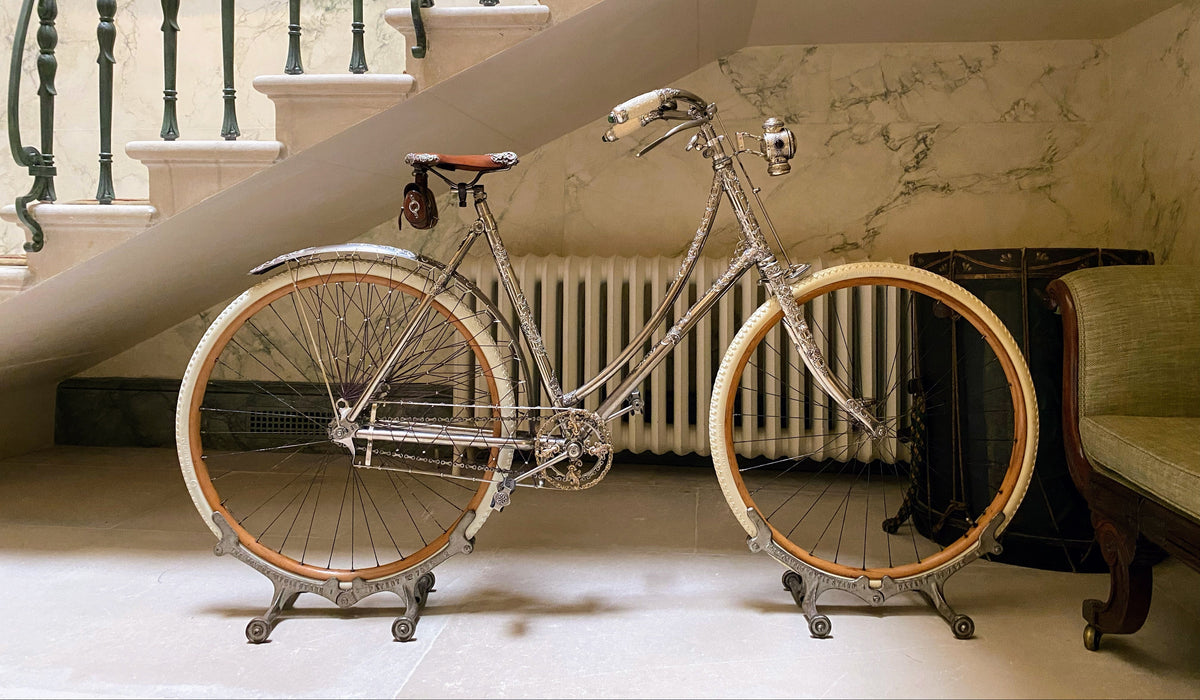 The silver bicycle made by Tiffany in 1896.  Restoration by Gunn and co of England.