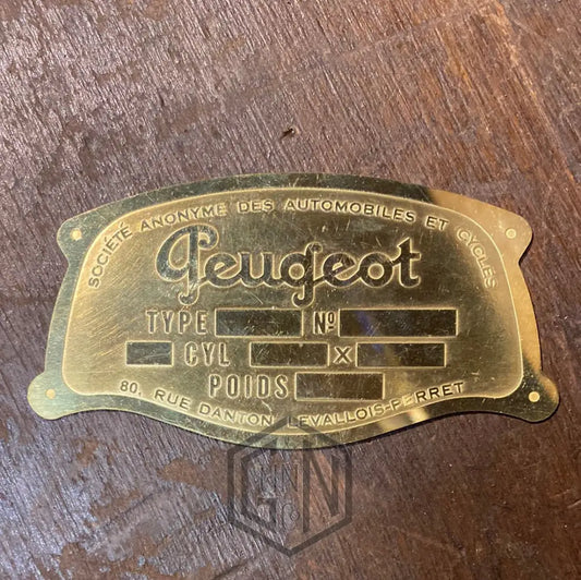Reproduction 1920’S Peugeot Brass Car Plaque. Newly Produced. Badges And Plaques